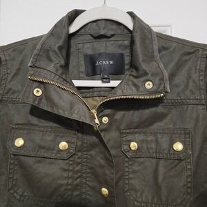 J Crew Military Utility Jacket Olive Green Waxed Cotton Snaps Womens XS